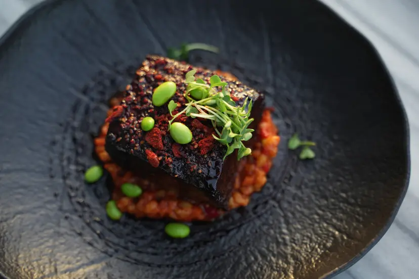 Koyu tabakta glaze ana yemek ve edamame